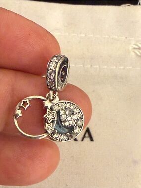 Sterling Silver Moon & Stars Dangle Charm - Clear Crystal Accents